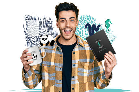 Happy men holding Totem personalized products in his hands. A mug with a meticulous panda and a notebook with a versatile seahorse. In is back there's decorating of Totem's brand texture. 